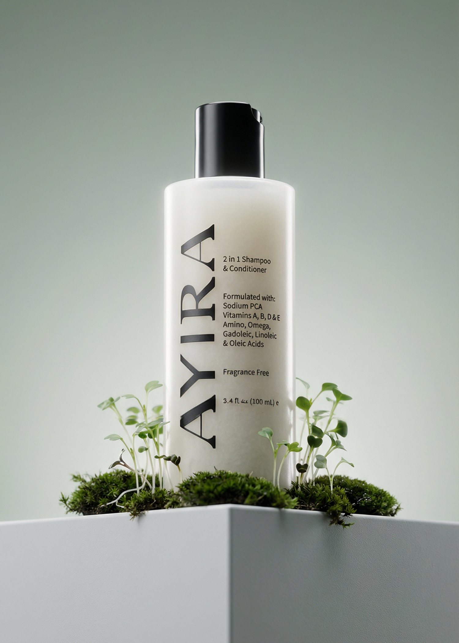 Ayira Beauty bottle on a white surface surrounded by nature's plants